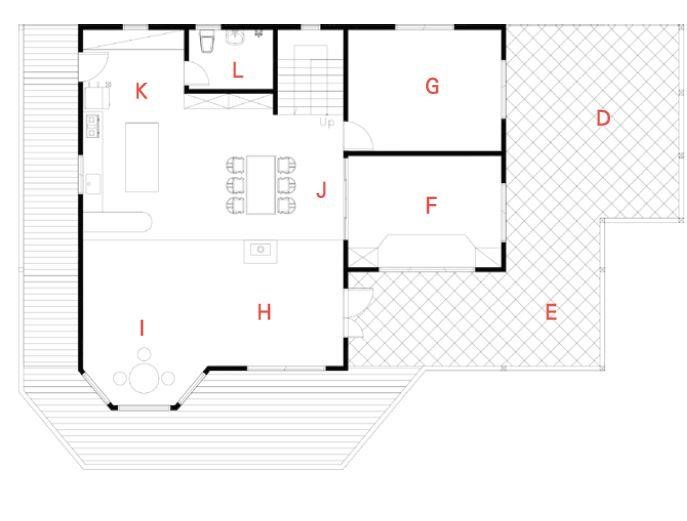1F平面圖  D大門入口／E戶外泡茶區／F和室／G長輩房／H客廳／I陽光屋／J餐廳／K廚房／L衛浴   攝影_葉勇宏